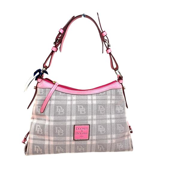 Dooney & Bourke Handbags - Dooney & Bourke East West Slouch Handbag Pink and Gray Monogrammed Plaid NWT